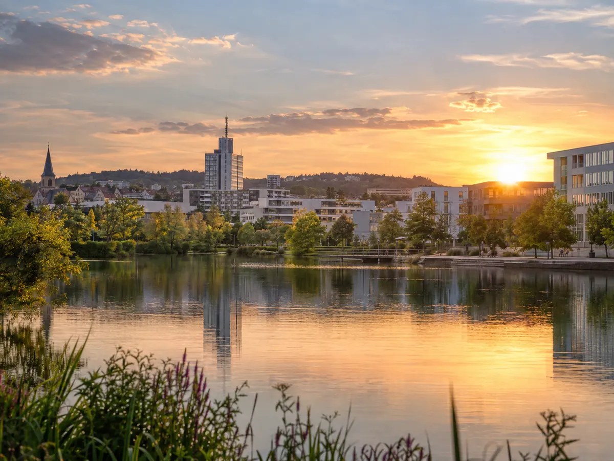 Realistic view over Böblingen with cityscape and lake