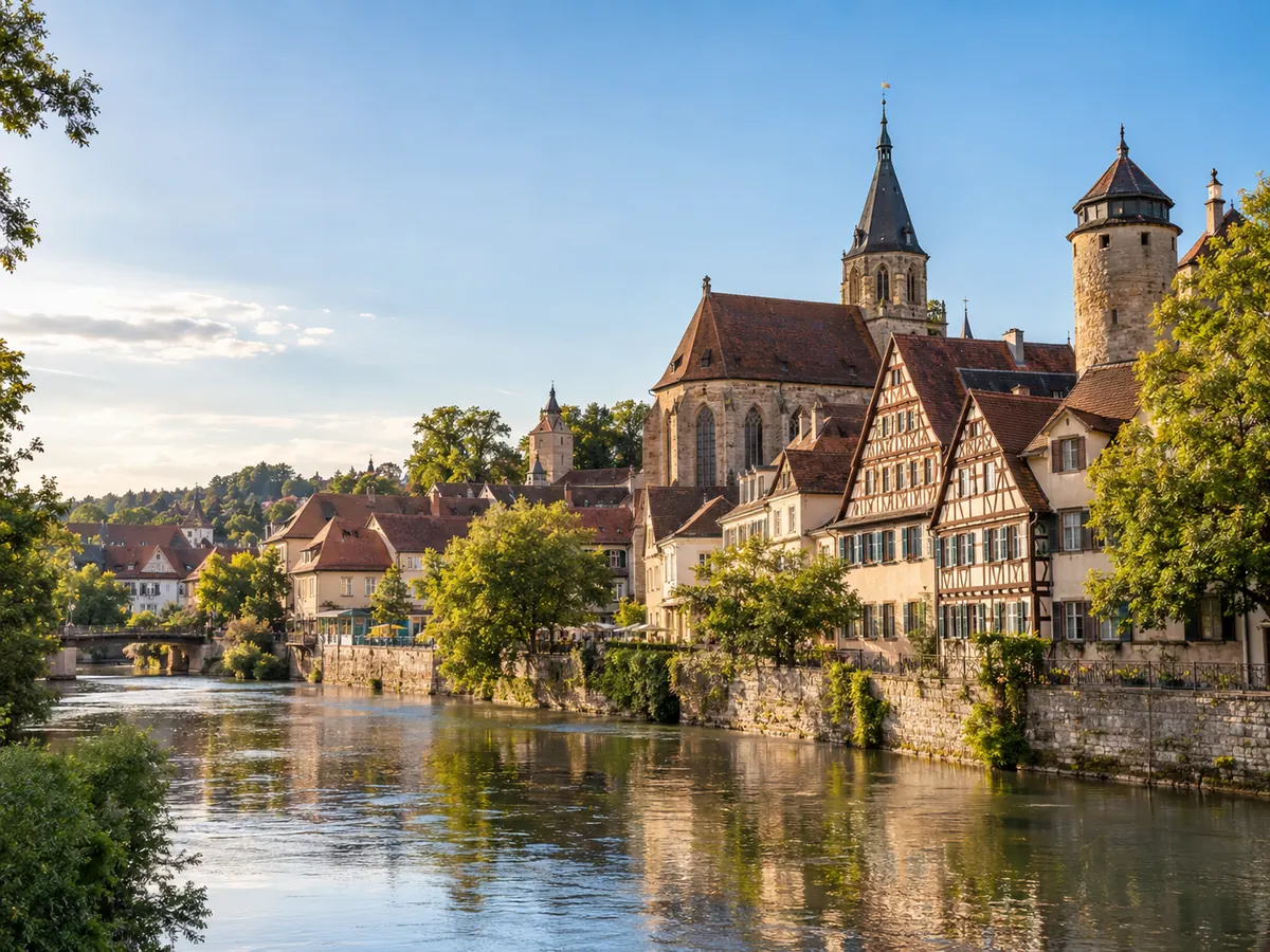 Realistisches Esslinger Stadtbild mit Fachwerk, Altstadt und Wasserlauf