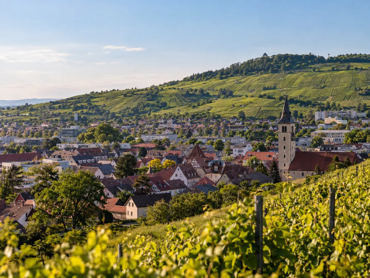 Realistic view over Fellbach with vineyards and the Kappelberg