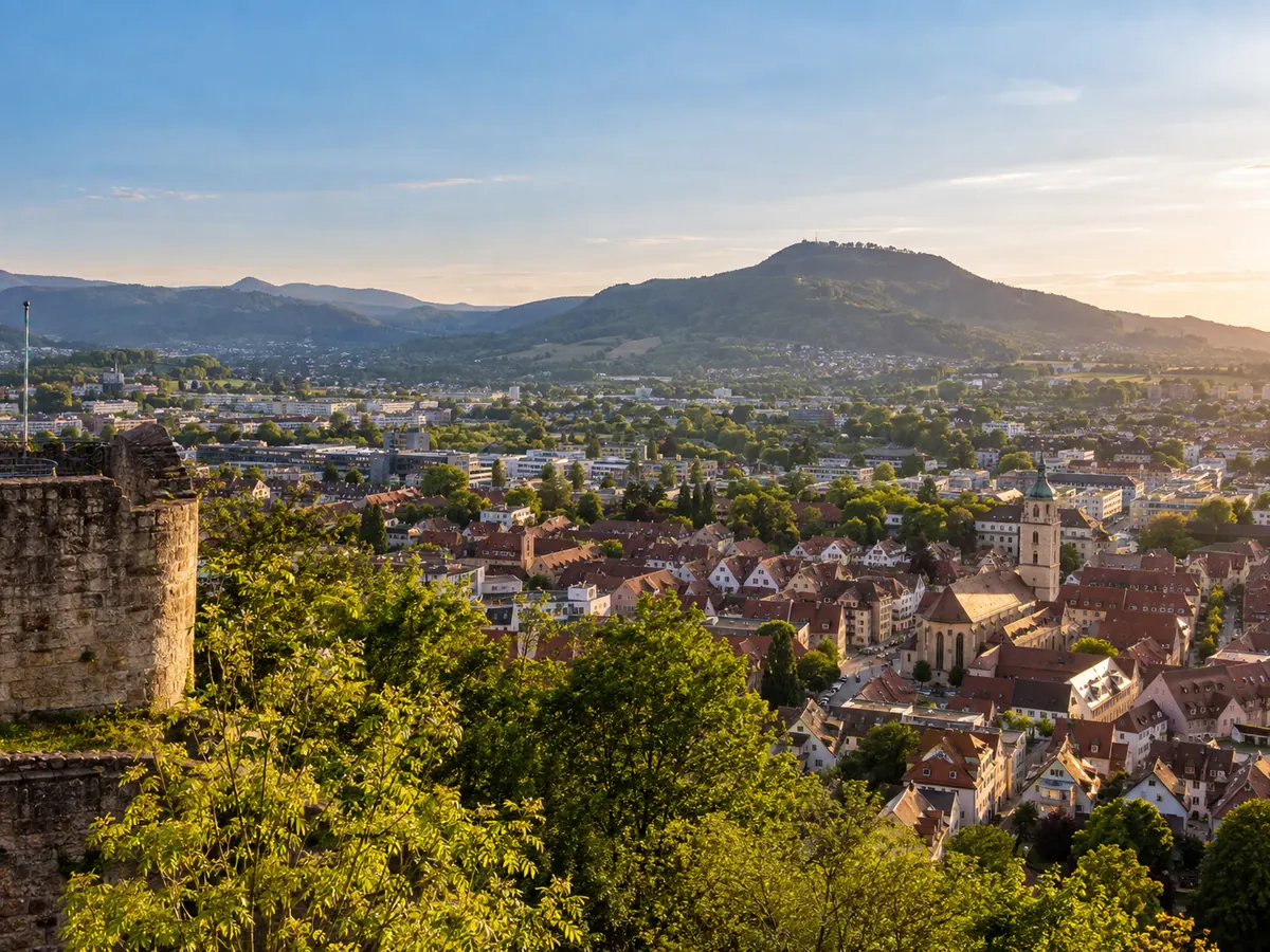 Realistic panoramic view over Göppingen and the surrounding hills