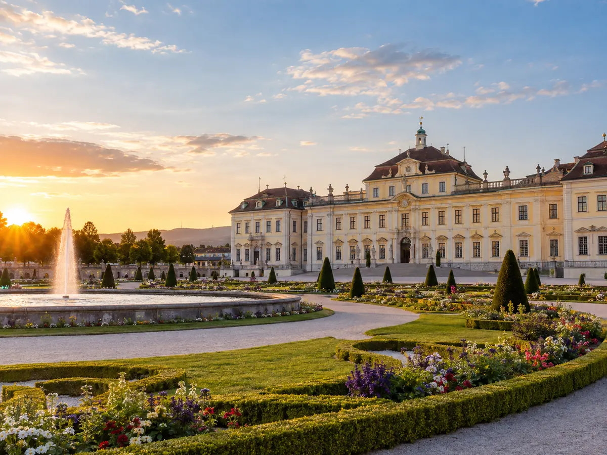 Realistischer Blick auf das Ludwigsburger Residenzschloss und die Gartenanlagen