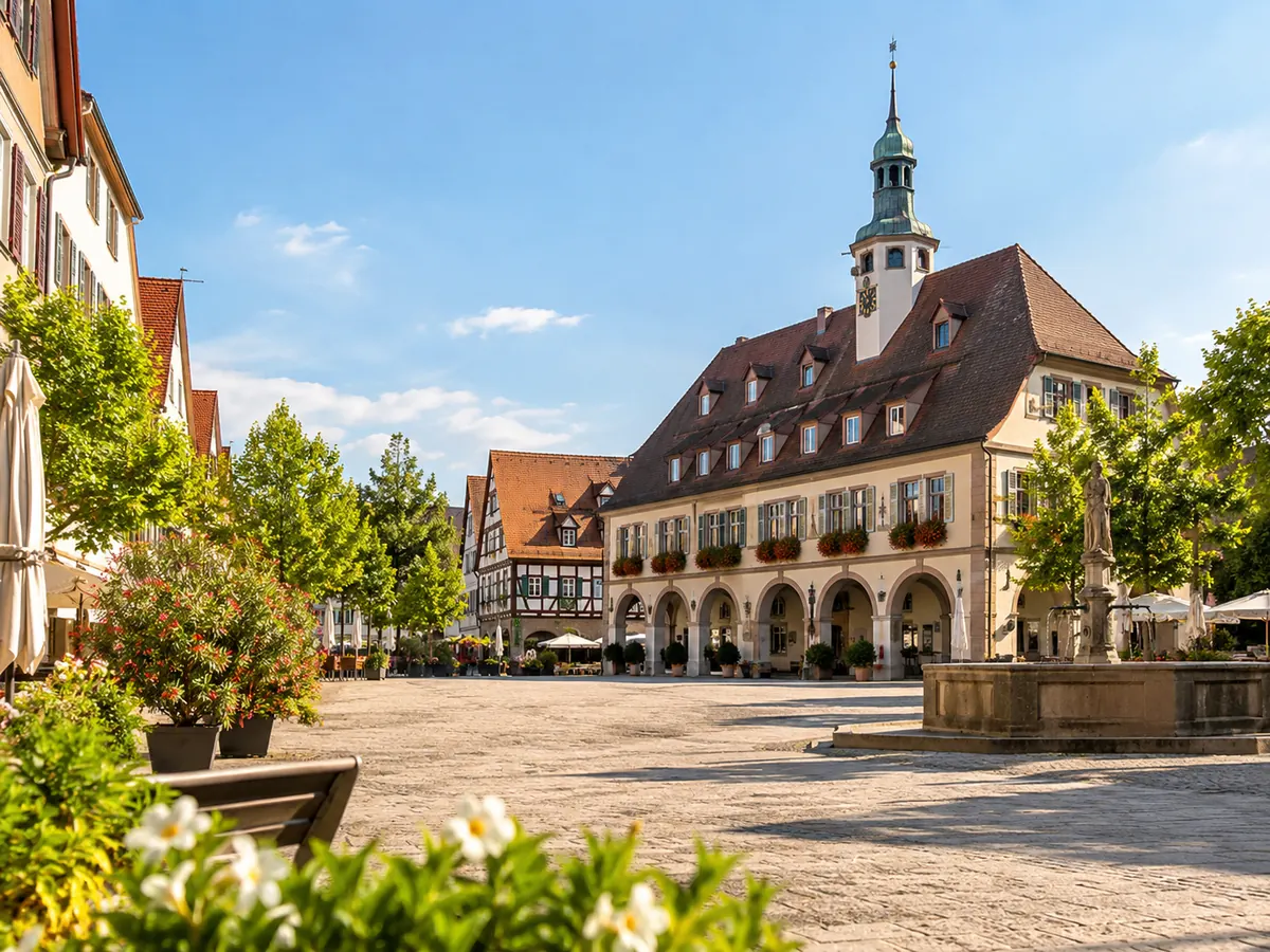Realistisches Sindelfinger Stadtbild mit historischem Marktplatz und Rathaus