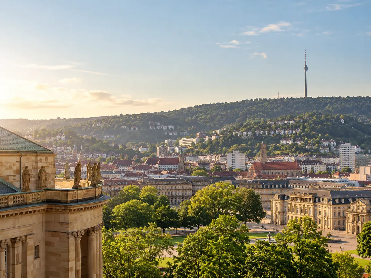 Realistischer Blick über Stuttgart mit Fernsehturm und Stuttgarter Talkessel