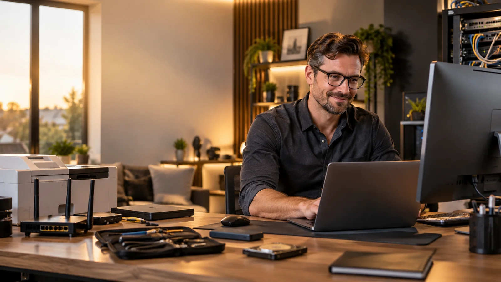 Profesional IT independiente trabajando con ordenadores y equipos de red